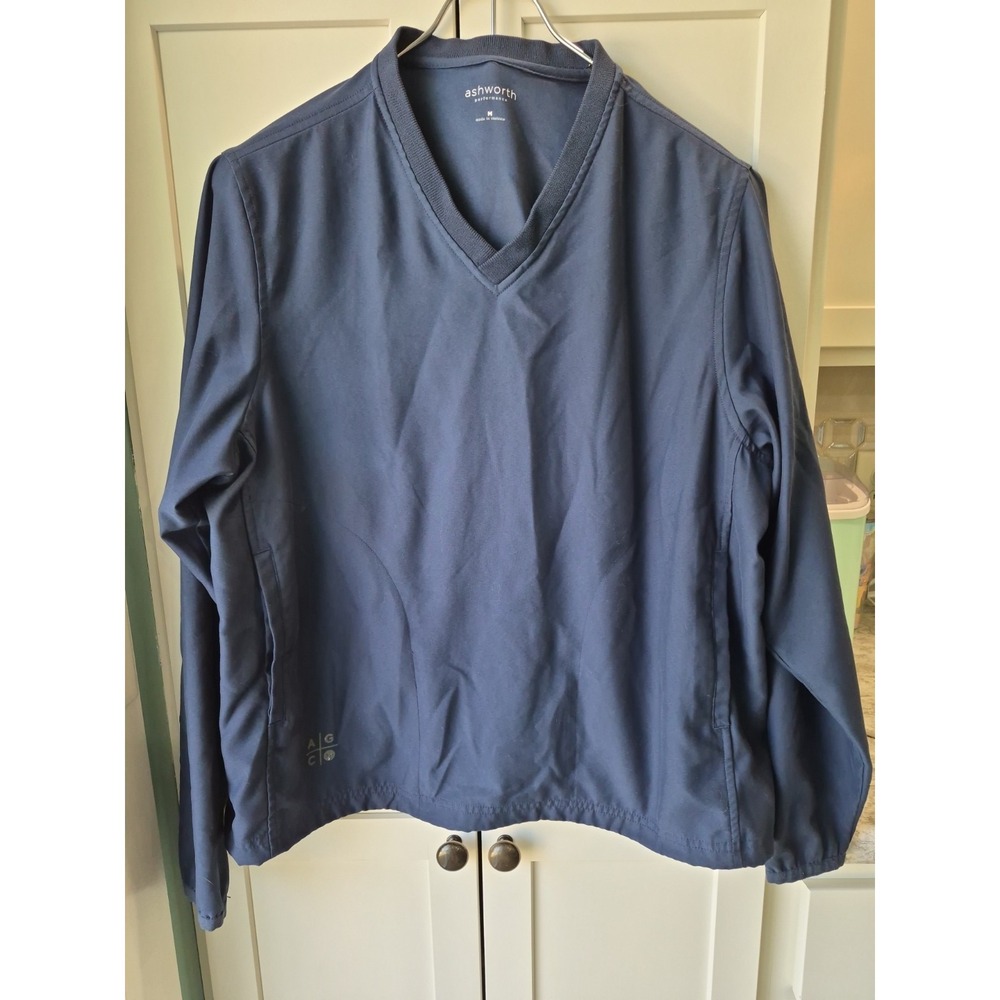 ASHWORTH LADIES Golf V-NECK PULLOVER WINDBREAKER W Pockets Navy Blue Sz M